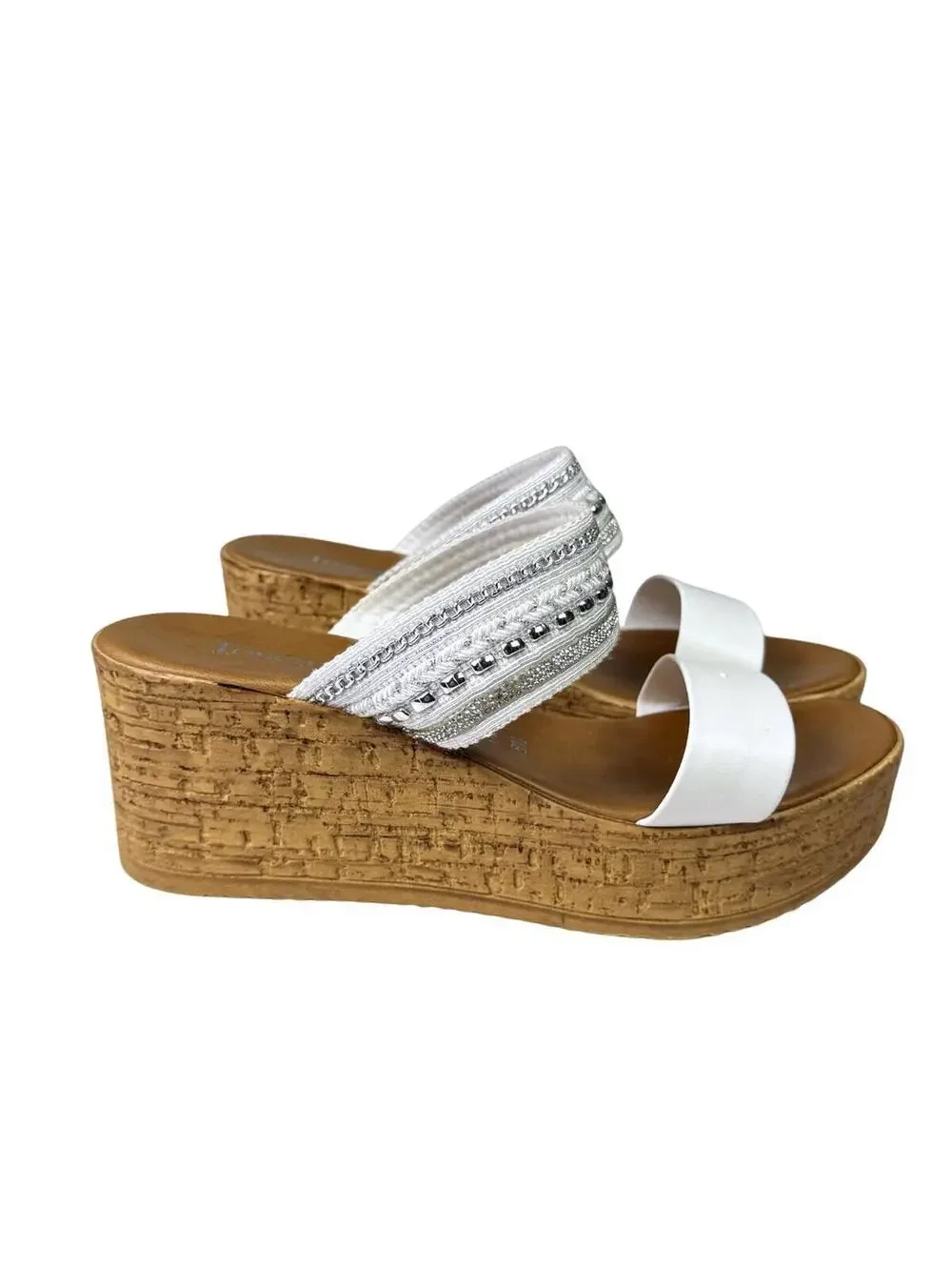 Toscanella Women White Embellished Double Band Wedge Sandals Made in Italy 8.5